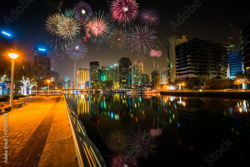 Photography Firework display at Dubai marina at night, UAE