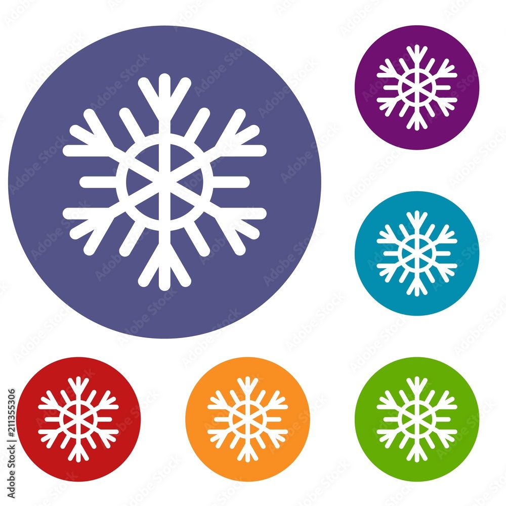 Snowflake icons set in flat circle red, blue and green color for web Snowflake icons set in flat circle red, blue and green color for web