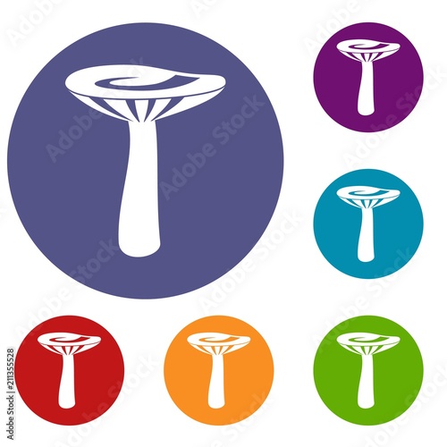 Mushroom icons set in flat circle red, blue and green color for web