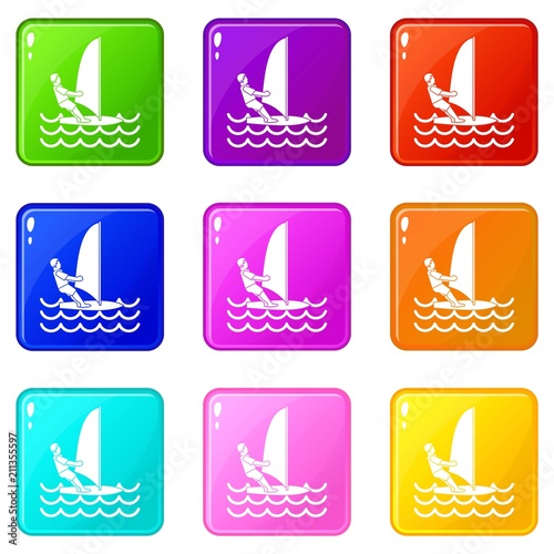 Man on windsurf icons of 9 color set isolated vector illustration