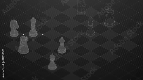 3D isometric virtual transparency chess with square mesh pattern chessboard, Business technology strategy concept design on black background, seamless looping animation 4K with copy space