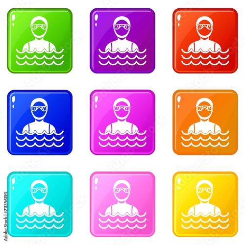 Scuba diver man in diving suit icons of 9 color set isolated vector illustration