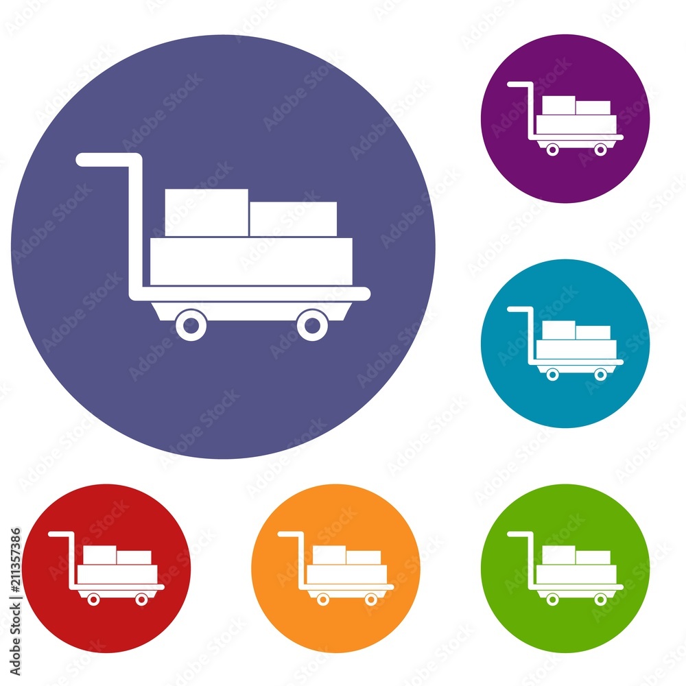 Cart with luggage icons set in flat circle red, blue and green color for web Cart with luggage icons set in flat circle red, blue and green color for web