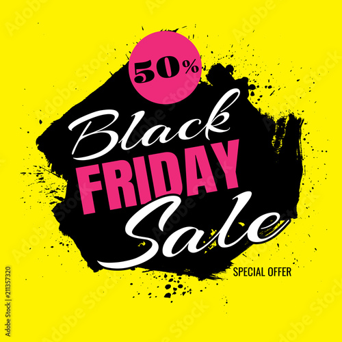 Black Friday Sale poster/banner over grunge textured brush painted discount 50% on white background. vector. banner. Business photo