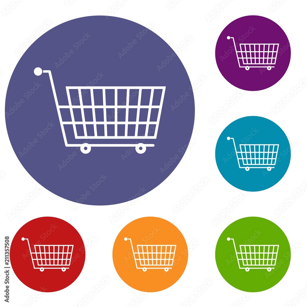 Large empty supermarket cart icons set in flat circle red, blue and green color for web Large empty supermarket cart icons set in flat circle red, blue and green color for web
