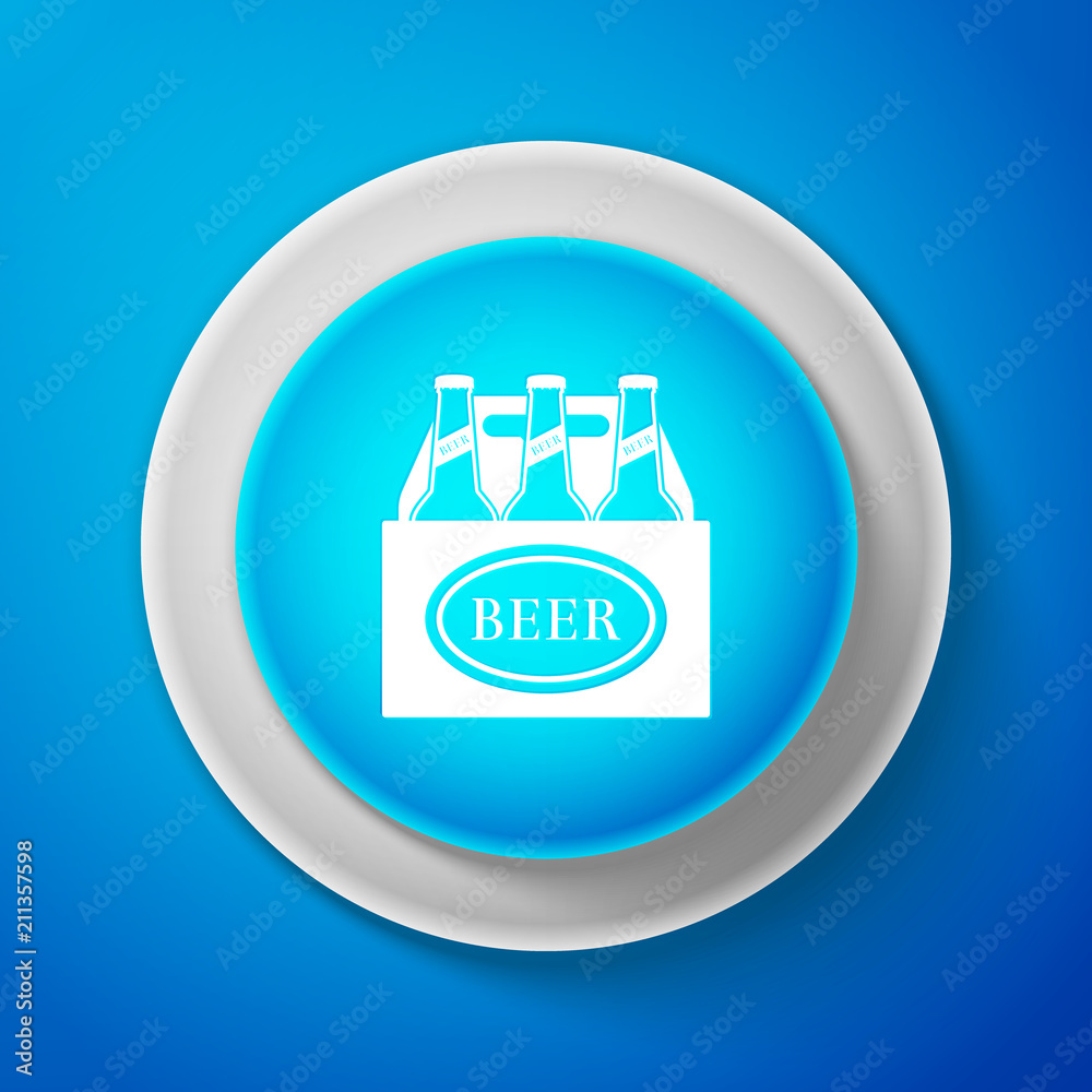 White Pack of beer bottles icon isolated on blue background. Case crate beer box sign. Circle blue button with white line. Vector Illustration White Pack of beer bottles icon isolated on blue background. Case crate beer box sign. Circle blue button with white line. Vector Illustration
