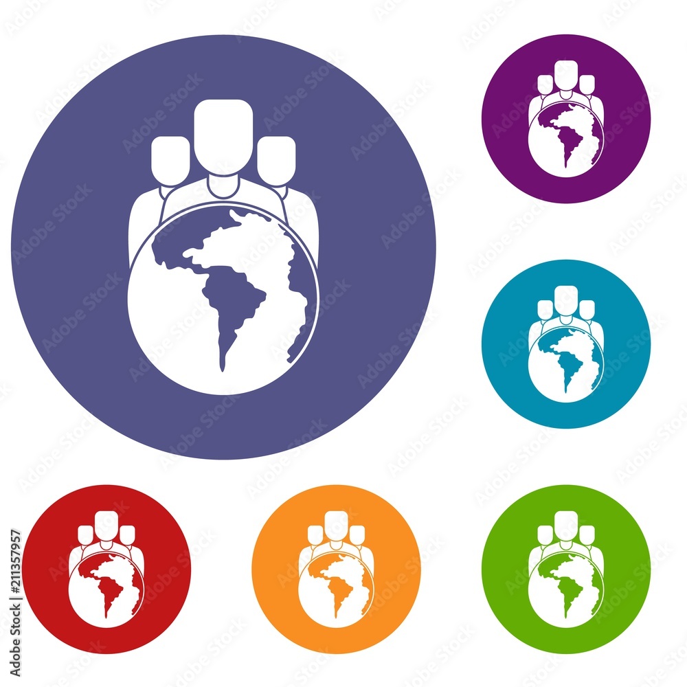 World planet and people icons set in flat circle red, blue and green color for web World planet and people icons set in flat circle red, blue and green color for web