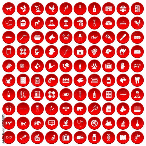 100 veterinary icons set in red circle isolated on white vector illustration