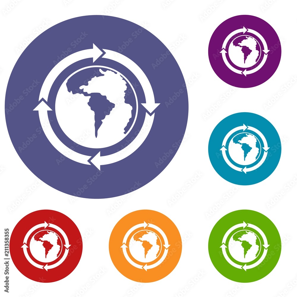 Round arrows around world planet icons set in flat circle red, blue and green color for web Round arrows around world planet icons set in flat circle red, blue and green color for web