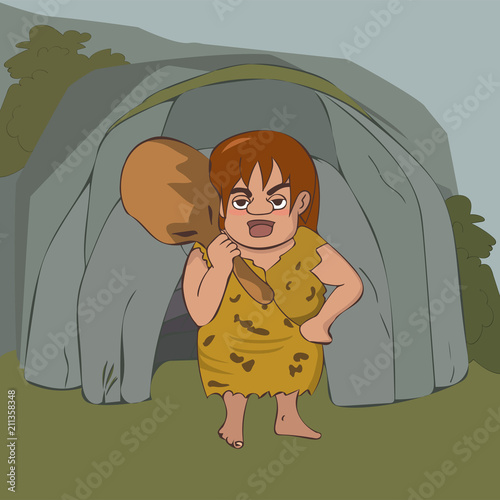 big primituve woman near cave entrance cartoon