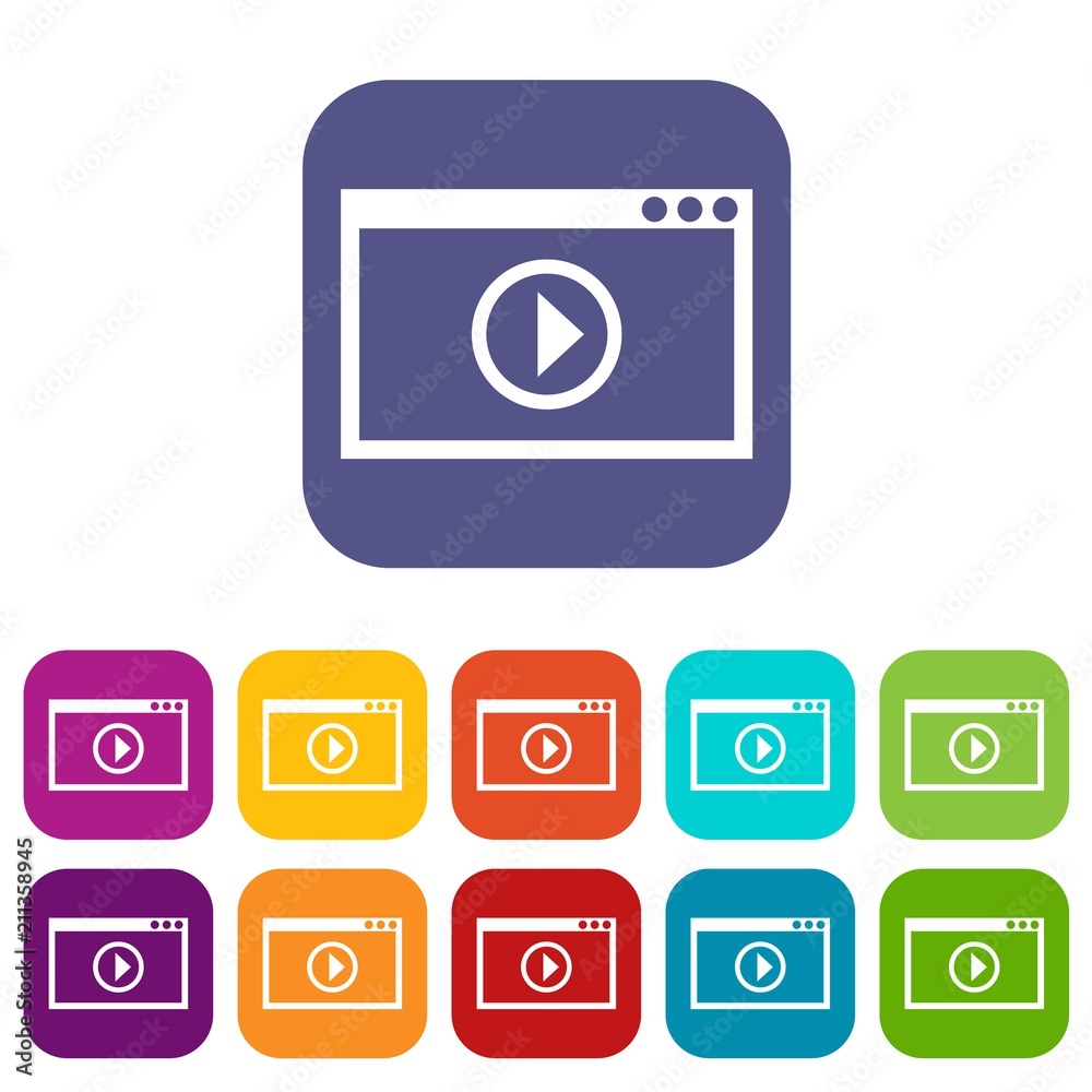 Program for video playback icons set vector illustration in flat style in colors red, blue, green, and other Program for video playback icons set vector illustration in flat style in colors red, blue, green, and other