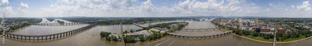 Naklejka premium Harrisburg Pennsylvania Capital CIty Aerial View From City Island Susquehanna River