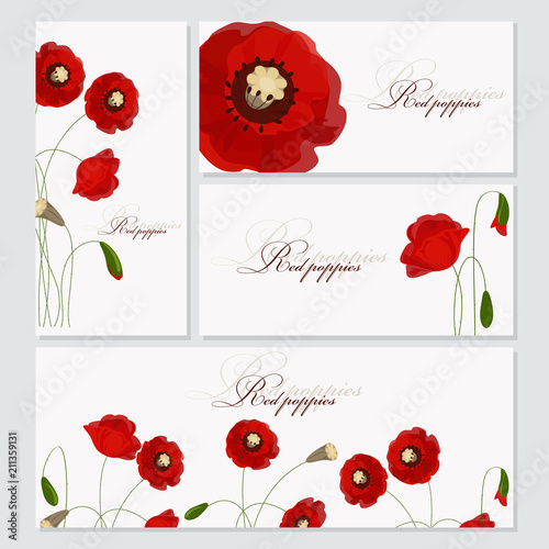 Fototapeta Naklejka Na Ścianę i Meble -  Postcards designs with red poppies. Wedding set. Vector Floral Frame Set. Invitation card, table number, guest card, invited card. 