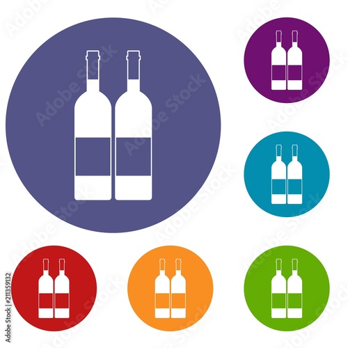 Two bottles of wine icons set in flat circle red, blue and green color for web