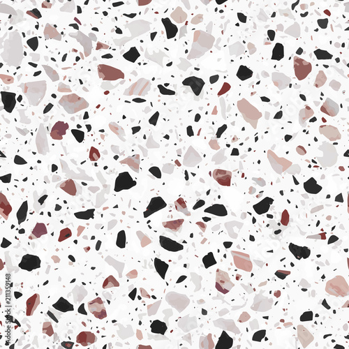 Terrazzo flooring vector seamless pattern in light grey colors with red accents. Classic italian type of floor in Venetian style composed of natural stone, granite, quartz, marble, glass and concrete