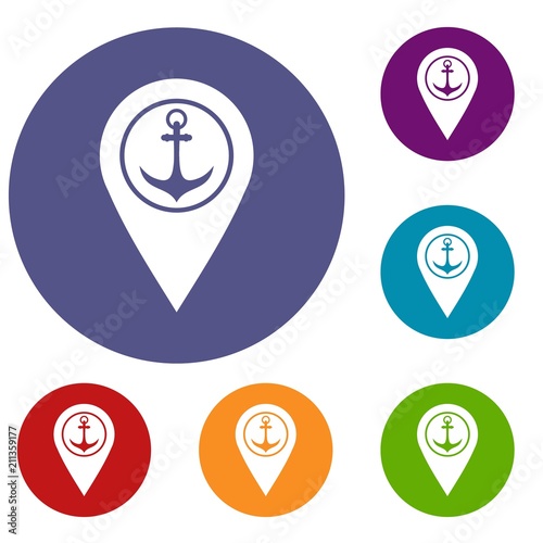Free Download Map pointer with symbol anchor and sea port icons set in flat circle red, blue and green color for web - GFXLoad