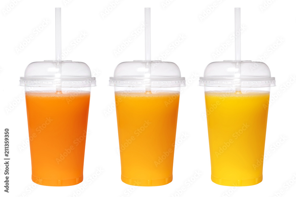 Transparent glass with fresh juice isolated on white background. Orange juice.