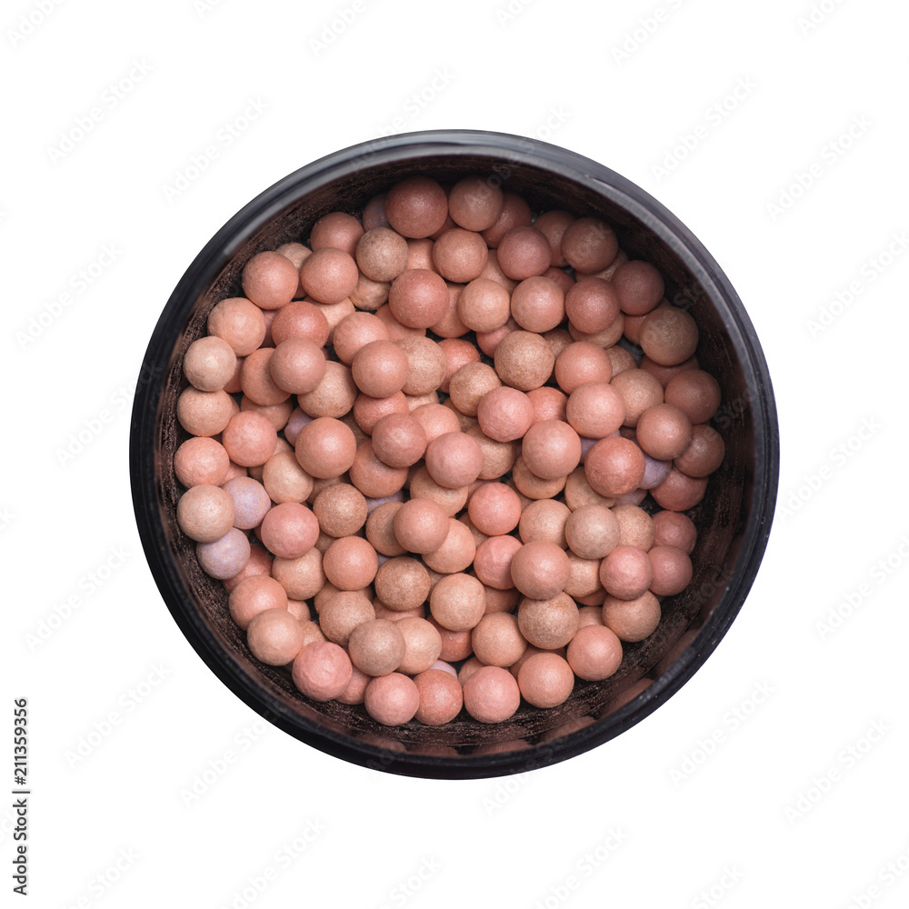 Box with bronzing face pearls make up powder isolated on a white background.