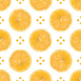 Seamless pattern made of Lemon slice isolated and dots on a white background. Flat lay top view from above, juicy fruit.