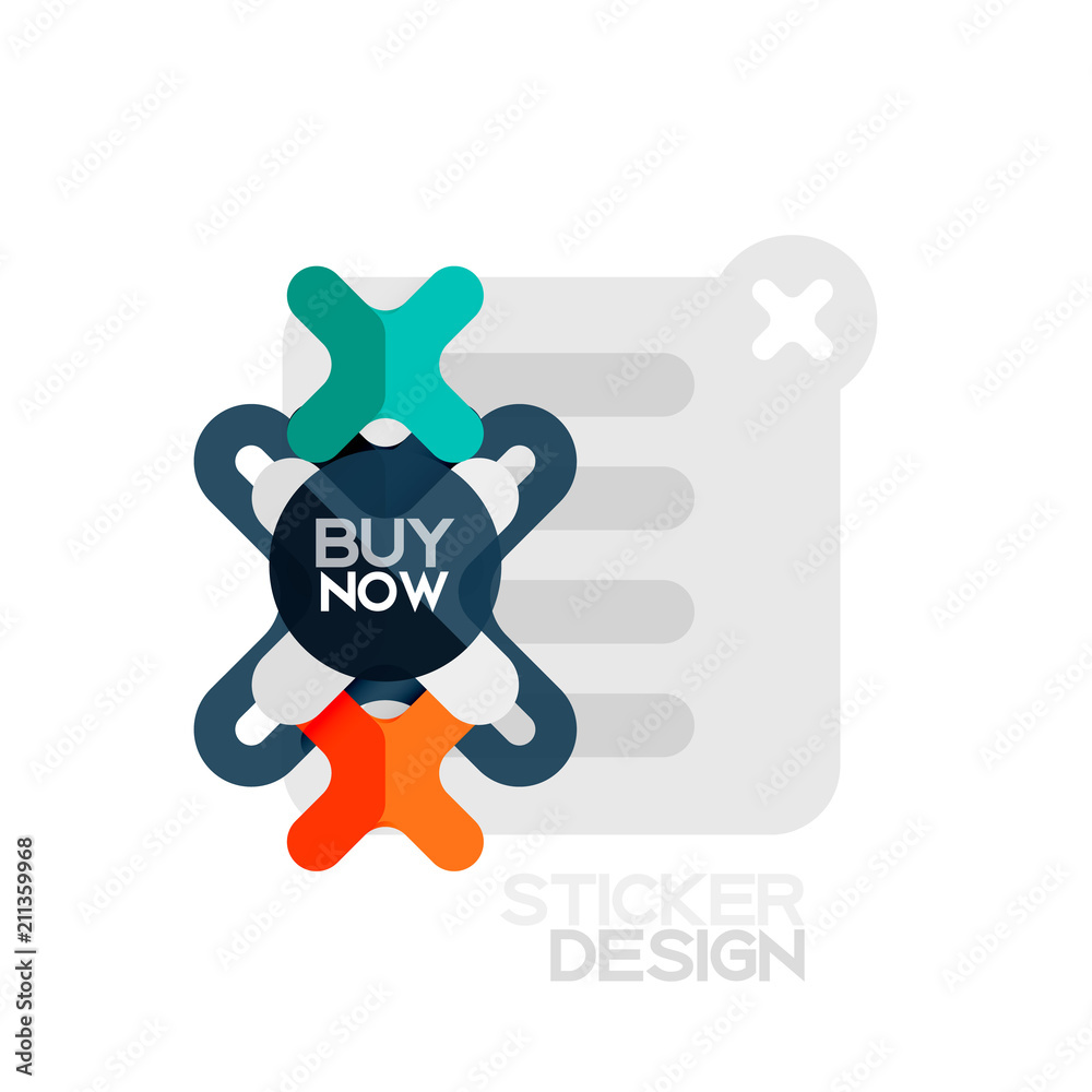 Flat design cross shape geometric sticker icon, paper style design with buy now sample text, for business or web presentation, app or interface buttons Flat design cross shape geometric sticker icon, paper style design with buy now sample text, for business or web presentation, app or interface buttons