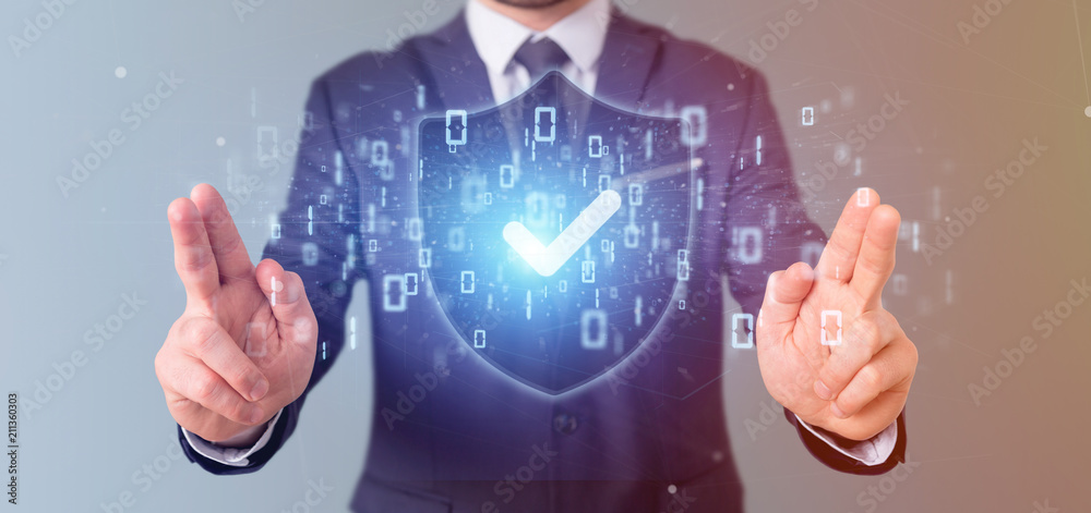 Man holding a Shield web security concept 3d rendering