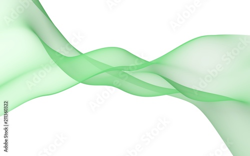 Abstract green wave. Bright green ribbon on white background. Green color scarf. Abstract lime color smoke. Raster air background. 3D illustration
