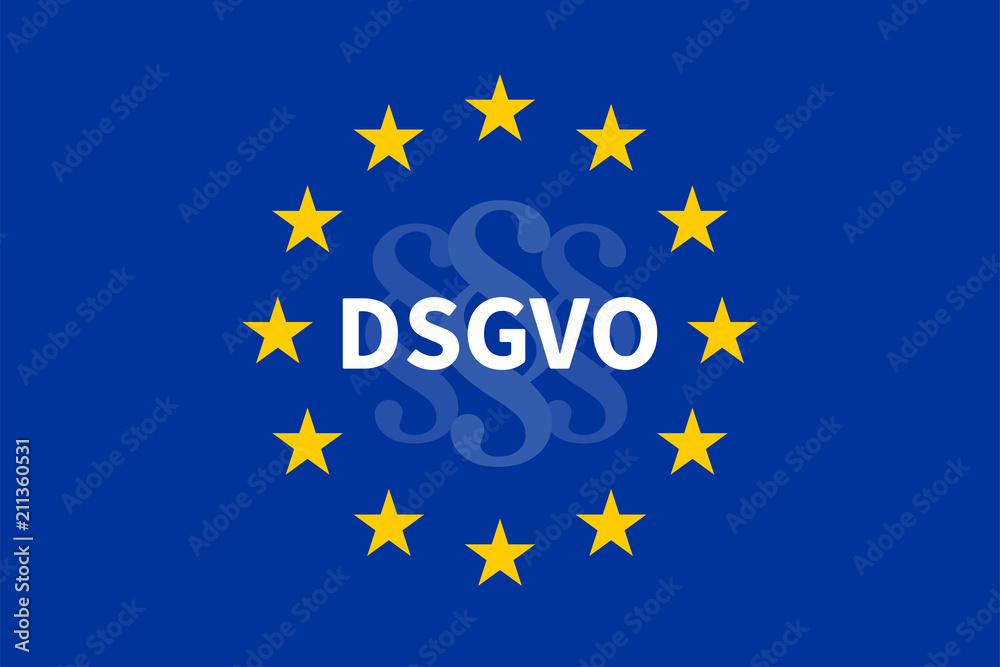 EU-Flagge mit DSGVO / Datenschutz-Grundverordnung und drei Paragraphenzeichen. EU-Flagge mit DSGVO / Datenschutz-Grundverordnung und drei Paragraphenzeichen.