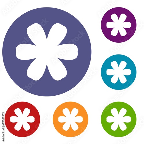 Flower icons set in flat circle red, blue and green color for web