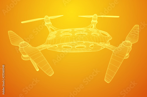 Remote control air drone. Dron flying with action video camera. Wireframe low poly mesh vector illustration