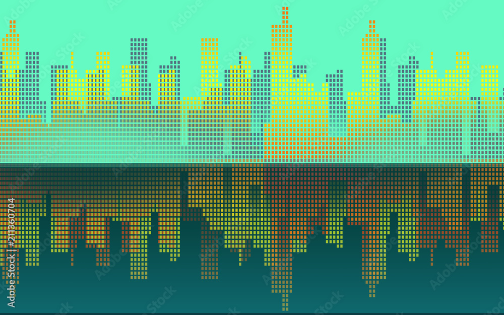 asian cities background graphic with geometrical buildings and reflection in the water asian cities background graphic with geometrical buildings and reflection in the water