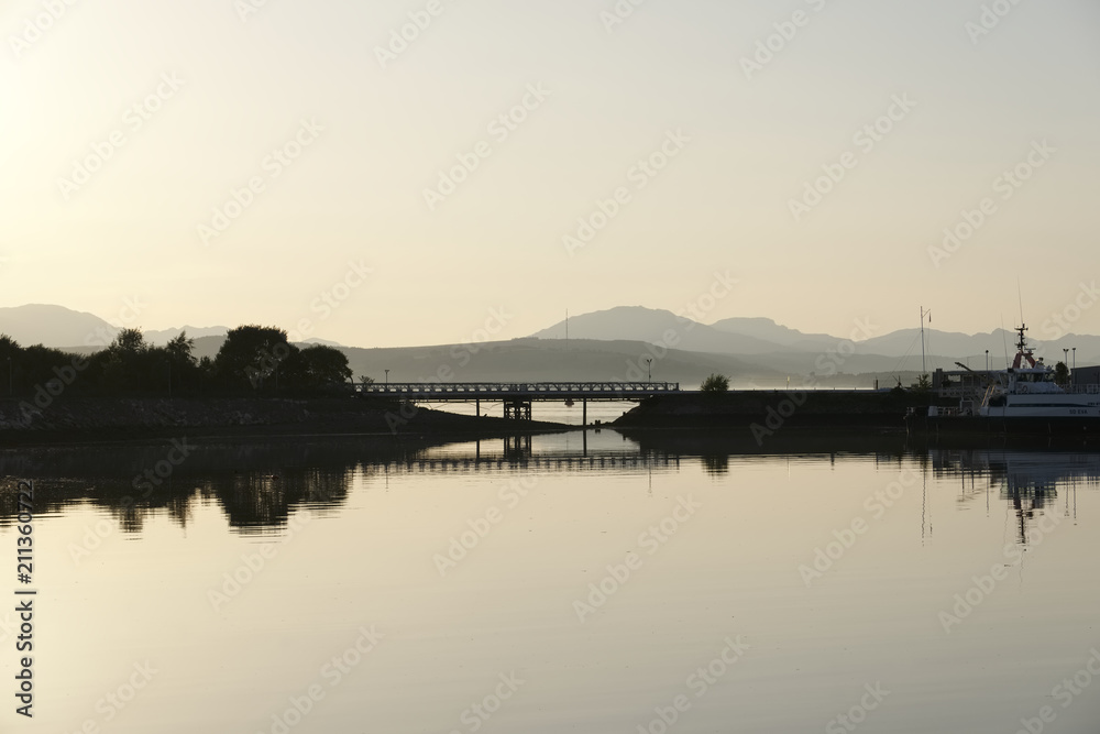 Tranquil sunset river Clyde bridge reflection to shipbuilding harbour harbor peaceful summer evening gourock greenock Scotland uk Tranquil sunset river Clyde bridge reflection to shipbuilding harbour harbor peaceful summer evening gourock greenock Scotland uk