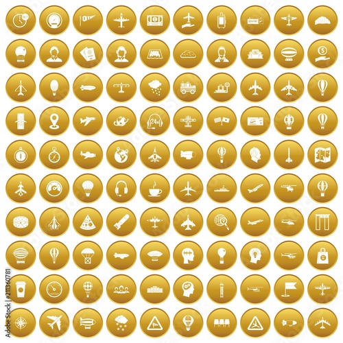 100 aviation icons set in gold circle isolated on white vector illustration