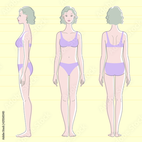 ビキニを着た褐色肌の女性の全身図、正面、側面、背面
