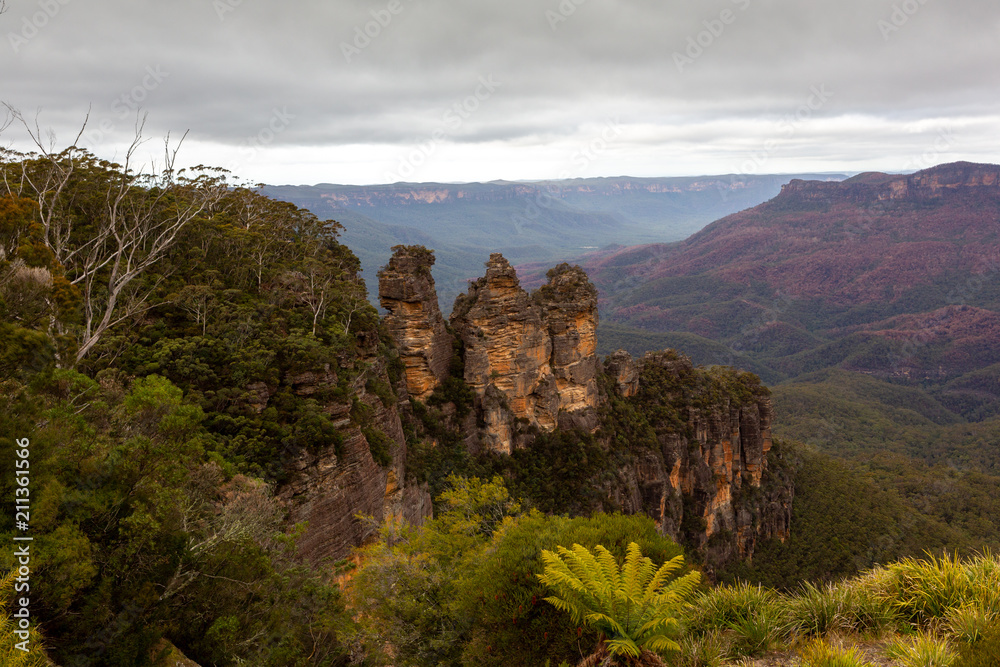 The iconic Three Sisters at katoomba on an overcast day in New South Wales Australia on 19th June 2018
