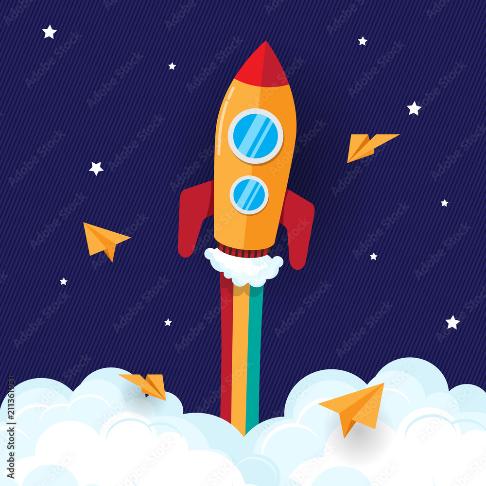 The rocket fly in space with rainbow , paper plane , cloud , and colorful