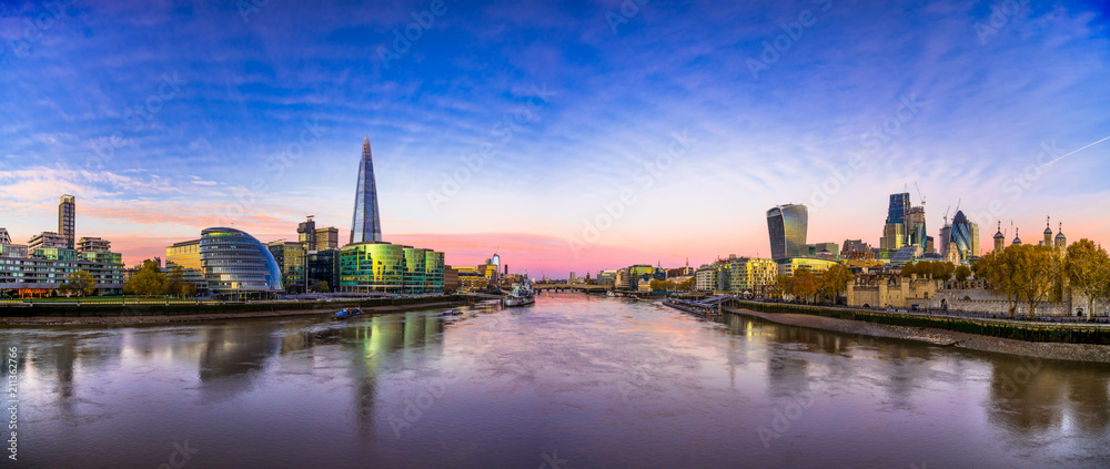 Sunrise panorama of London landmarks 