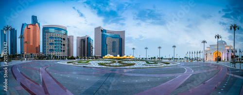 Beautiful evening panorama of skyscrapers and presidential palace in Abu Dhabi, UAE  photo
