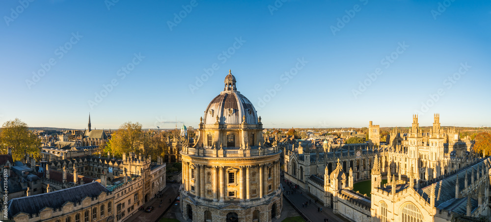 Aerial view of the Oxford University City viewed from the top tower of St Marys Church at sunset