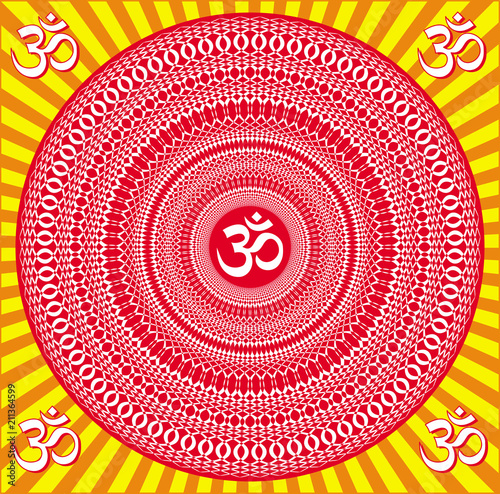 Graphic mandala with Aum / om / ohm sign in yellow, orange, red colors. Spiritual symbol. Laced Ornament. Vector picture