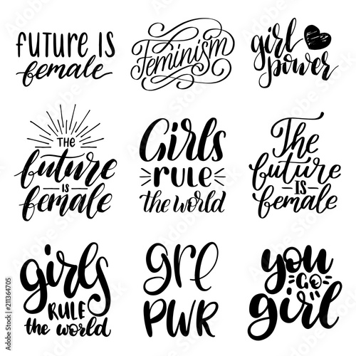 Girls Rule The World, GRL PWR etc, hand lettering prints set. Vector calligraphic collection of feminist movement.