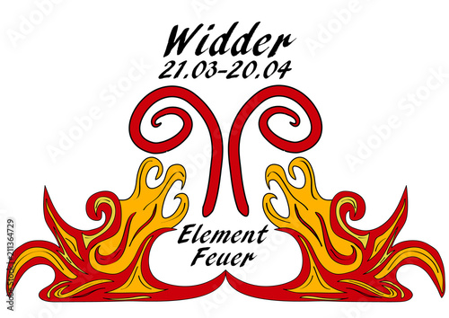 Sternzeichen Widder, mit deutschem Text: Widder, Datum, Element Feuer. Vektorgrafik eps10