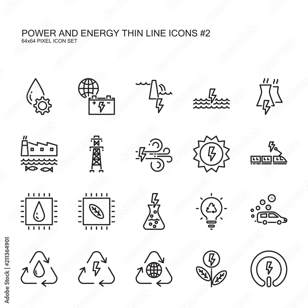 Clean power and green energy thin line icons set 2.