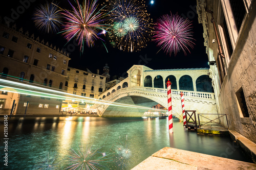 Rialto bridge and Garnd Canal with fireworks in Venice, Italy photo