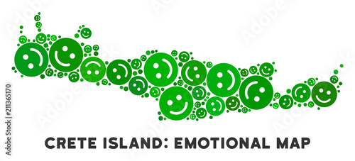 Happy Crete Island map collage of smileys in green hues. Positive thinking vector template. Crete Island map is made from green positive icons. Abstract geographic scheme.