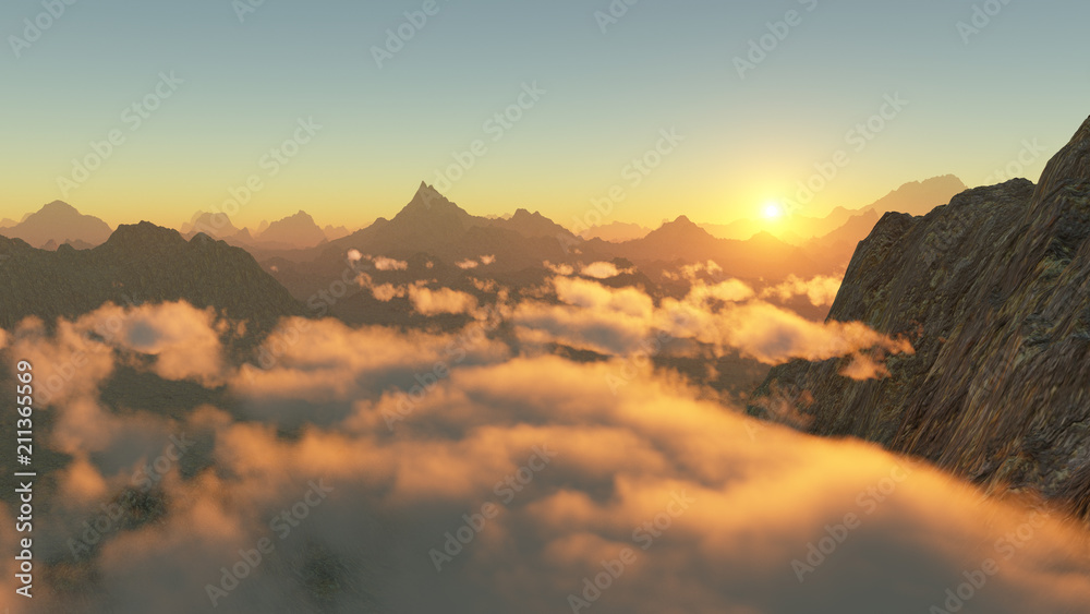 Low hanging clouds over the valley (3D rendering)