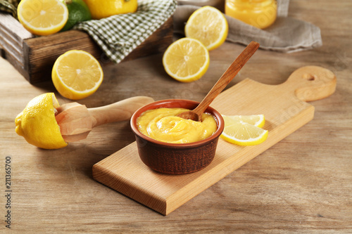 Delicious lemon curd in a bowl on the table