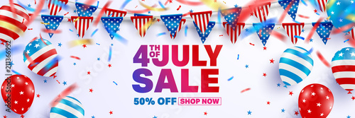 4th of July Sale poster template.USA independence day celebration with American balloons flag.USA 4th of July sale promotion advertising banner template for Brochures,Poster or Banner