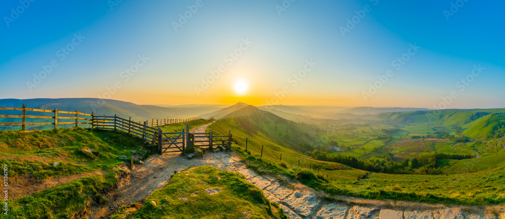 Great Ridge sunrise panorama at Mam Tor hill in Peak District