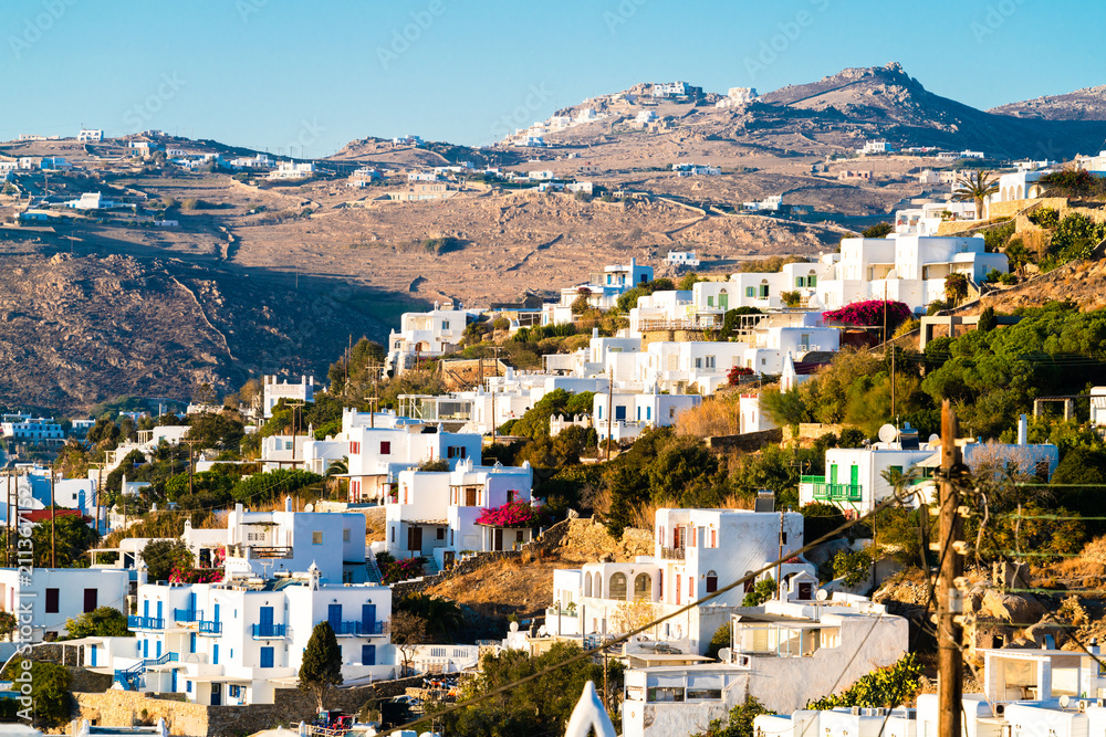 Mykonos cityscape during golden hour 