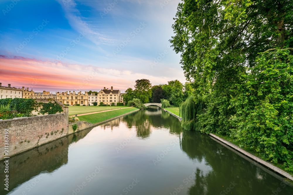 Cam river near Kings College at sunset in Cambridge,UK